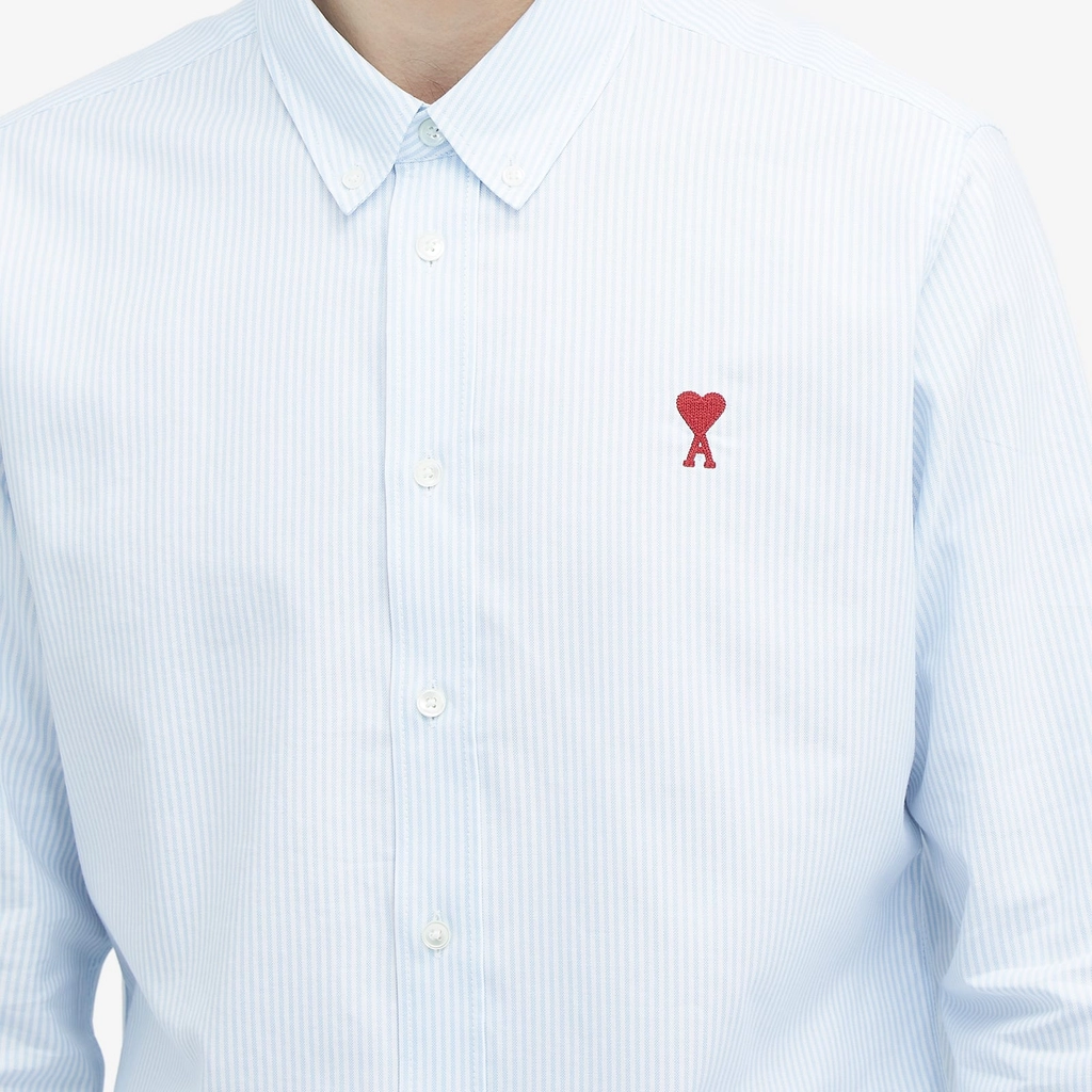 AMI Paris Men's Heart Striped Button Down Oxford Shirt Sky Blue/Natural White